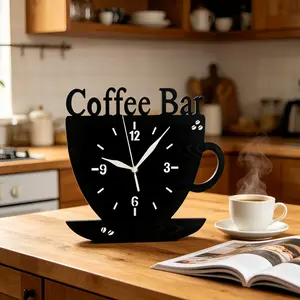 Wooden Coffee Cup Theme Coffee Bar Wall Clock Decorative, Unique Coffee Theme, Creative Simple Wood Grain Design, Home Decor for Living Room, Bedroom, Office, Kitchen, Home Goods
