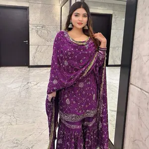 TRENDING GEORGETTE EMBROIDERY SEQUENCE WORK TOP SHARARA WITH DUPATTA Womenswear