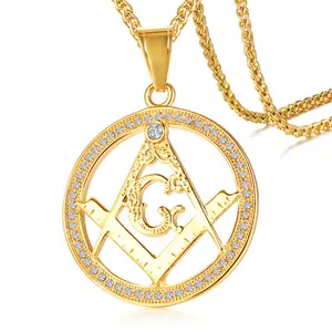 OIDEA Men's Masonic Pendant Necklace Stainless Steel, Rhinestone Compass Symbol Gold Tone Charm 23.6 Inch Chain, Fraternal Lodge Jewelry