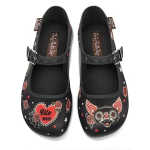 Hot Chocolate Design Dark Tattoo Women's Mary Jane Flat - Printed Fabric Upper Soft Inner Vibrant Colors Unique Design, Adjustable Buckle-Strap, Cushioned Inner Sole with Arch Support and Non-Marking Rubber Sole