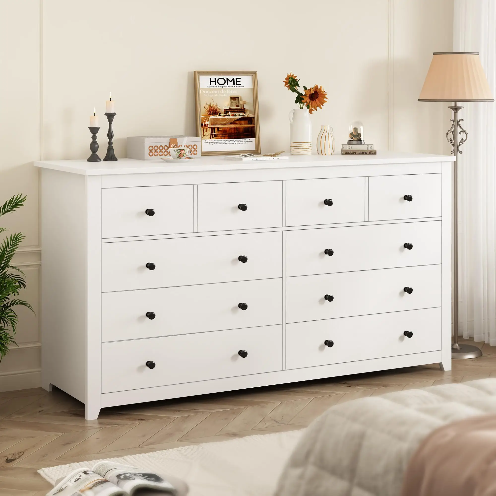 Raybee Furniture 5/6/10 Wood Drawers Dresser, Smooth Metal Rail & Chests of Drawers for Hallway & Bedroom Storage Organizer
