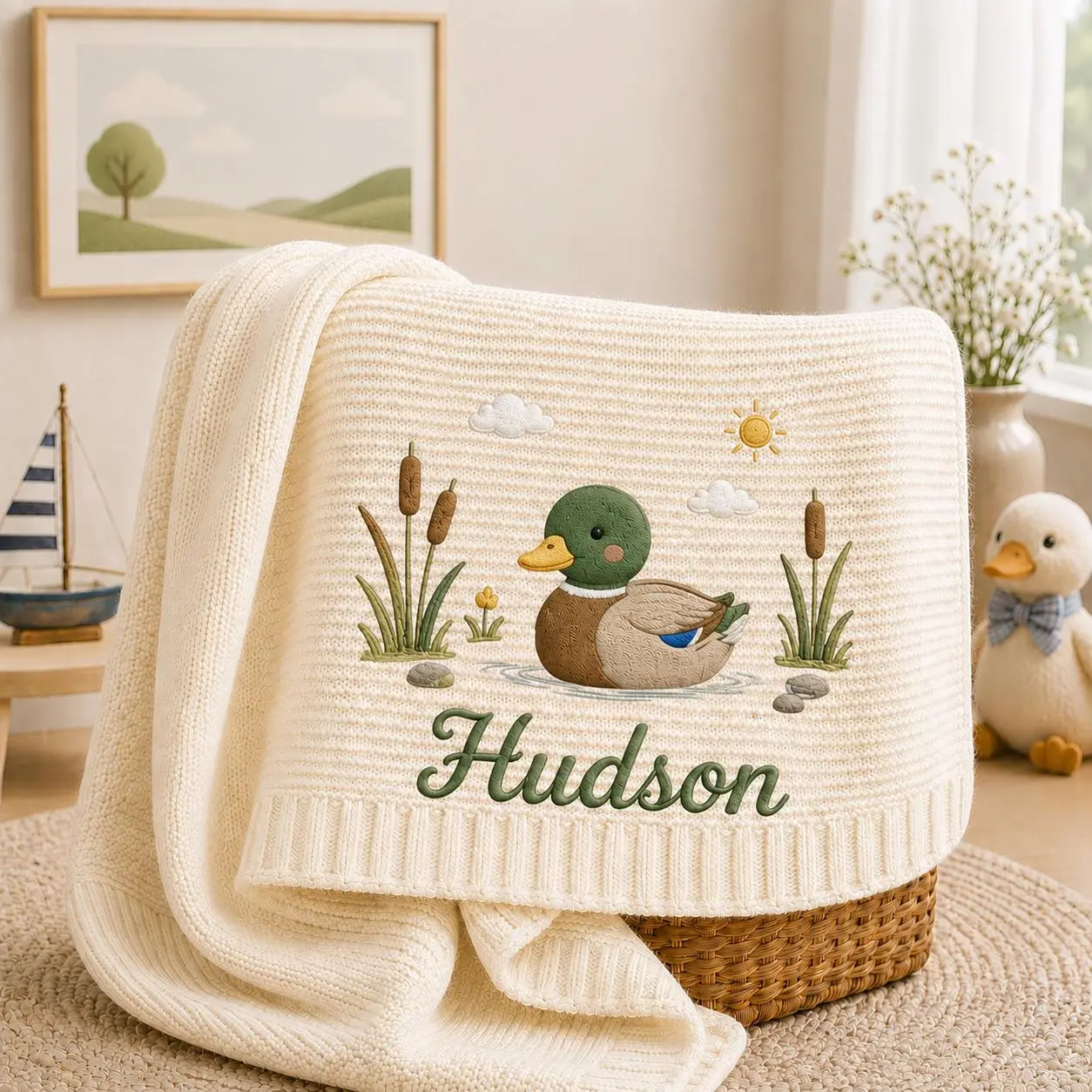 [Made-to-Order] Personalized Embroidered Mallard Duck Baby Blanket, Custom Cute Duck Knit Blanket with Name, Waterfowl Nursery Gift, Newborn Keepsake
