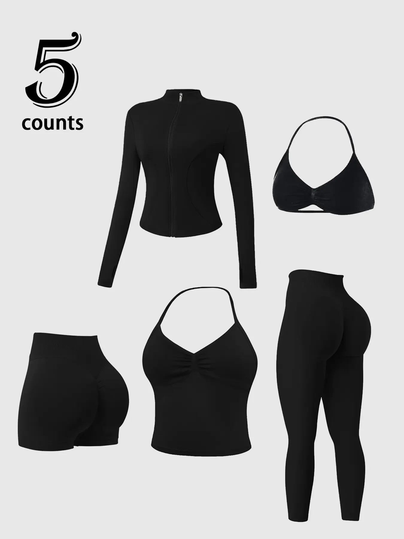 5-Piece Women's Sport Set, Jacket Top, High-Waist Shorts, Long Sleeve, Breathable Yoga, Gym & Outdoor Training, Fitness Sportswear Set, Activewear Workout Set, Activewear Clothing