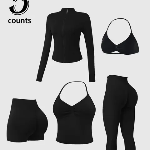5-Piece Women's Sport Set, Long Sleeve Jacket, High-Waist Shorts, Breathable Activewear for Yoga, Gym & Outdoor Training, Fitness Workout Set
