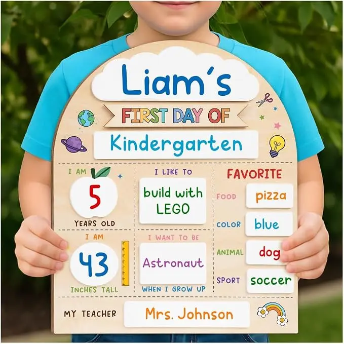 First Day of School Sign 12x10 Inch Reusable Back to School Chalkboard with Marker First & Last Day Photo Prop Board for Preschool Pre K Kindergarten Kids Easy Write & Erase Wooden School Milestone Board