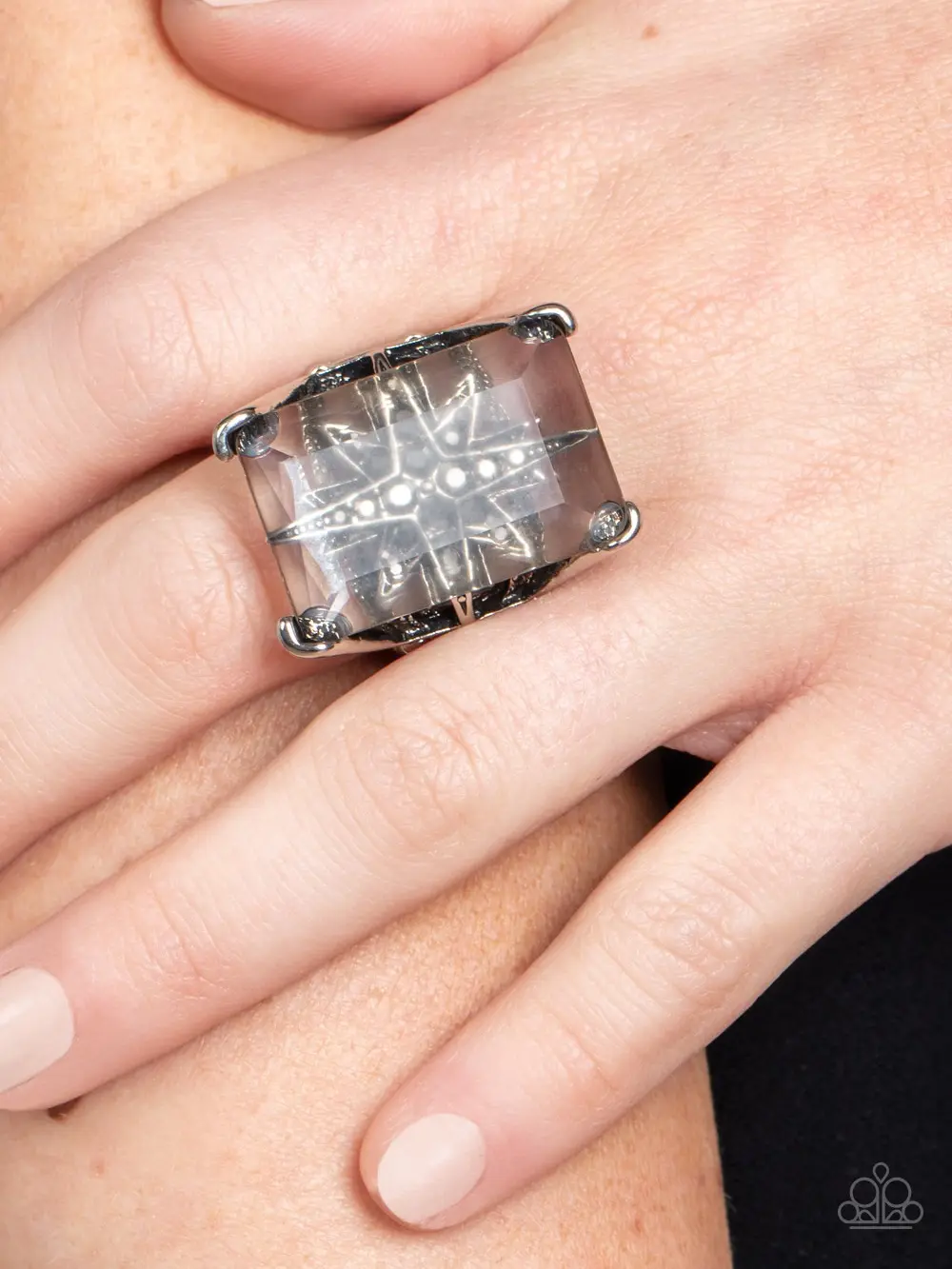 Starry Serenity - Silver Stretchy Ring - Silver and Hematite Dotted Star sits Behind Glassy Pane that Floats atop Pronged Frame