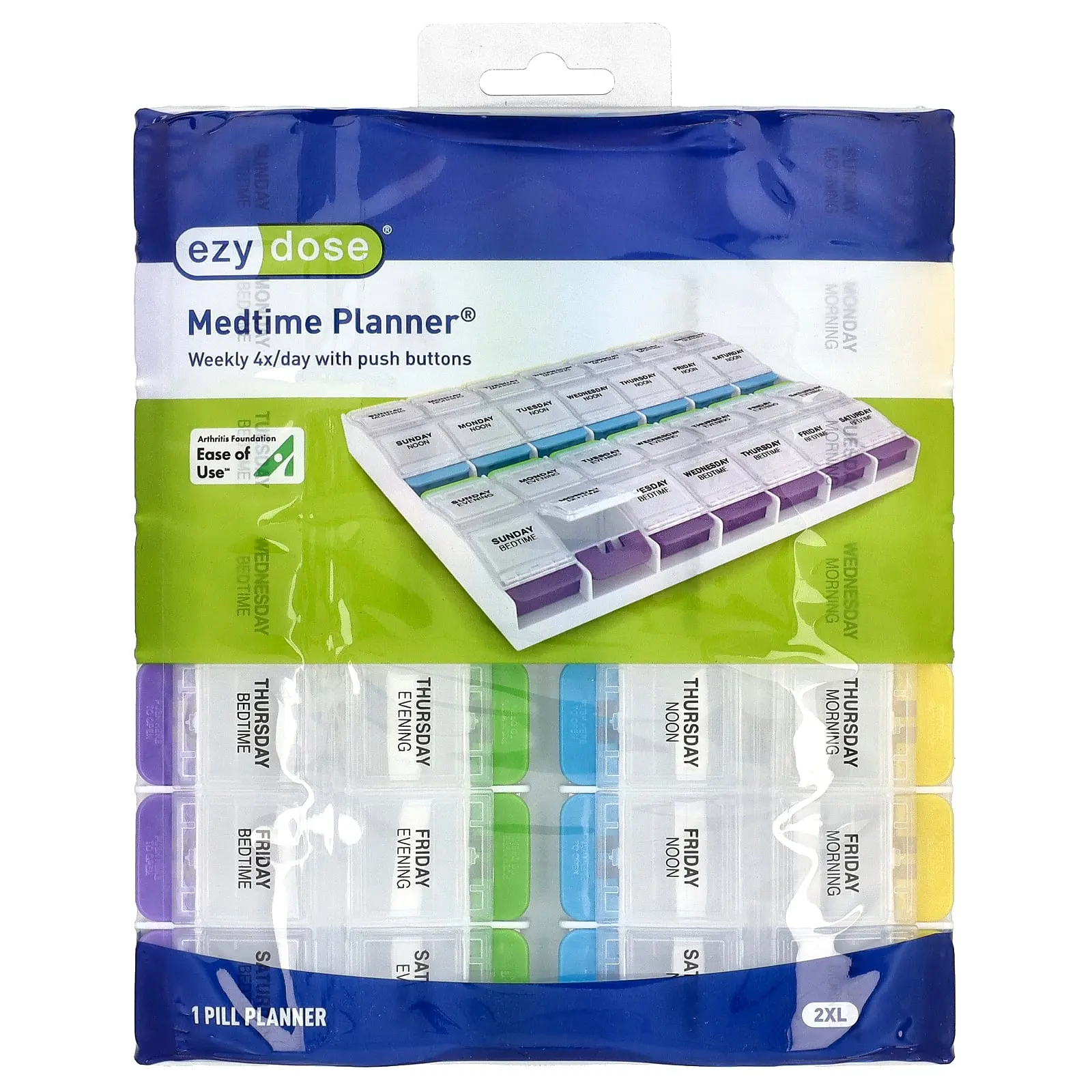 Ezy Dose Medtime Planner®, Weekly 4x/Day with Push Buttons, 2 XL, 1 Count