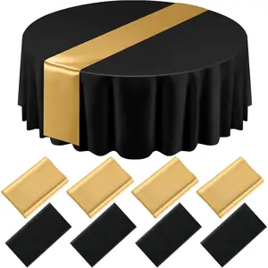 8 Pcs Black and Gold Round Tablecloth and Table Runner Set 84 Inch Round Covers 12 x 108 Inch Table for Wedding Birthday Party Baby Shower Anniversary