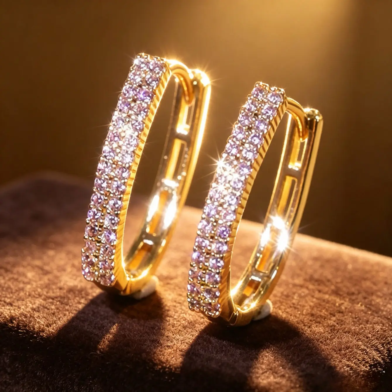 Gold Tone Double Row Pave Hoop Earrings, Sparkly Statement Hoops for Women, Trendy Everyday & Bridal Jewelry