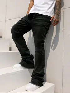 Elastic Fitted Jeans Pants, Casual Street Fashion, Washed Denim Slant Pockets, Cotton Micro Flare Long Pants, Plain, All Seasons