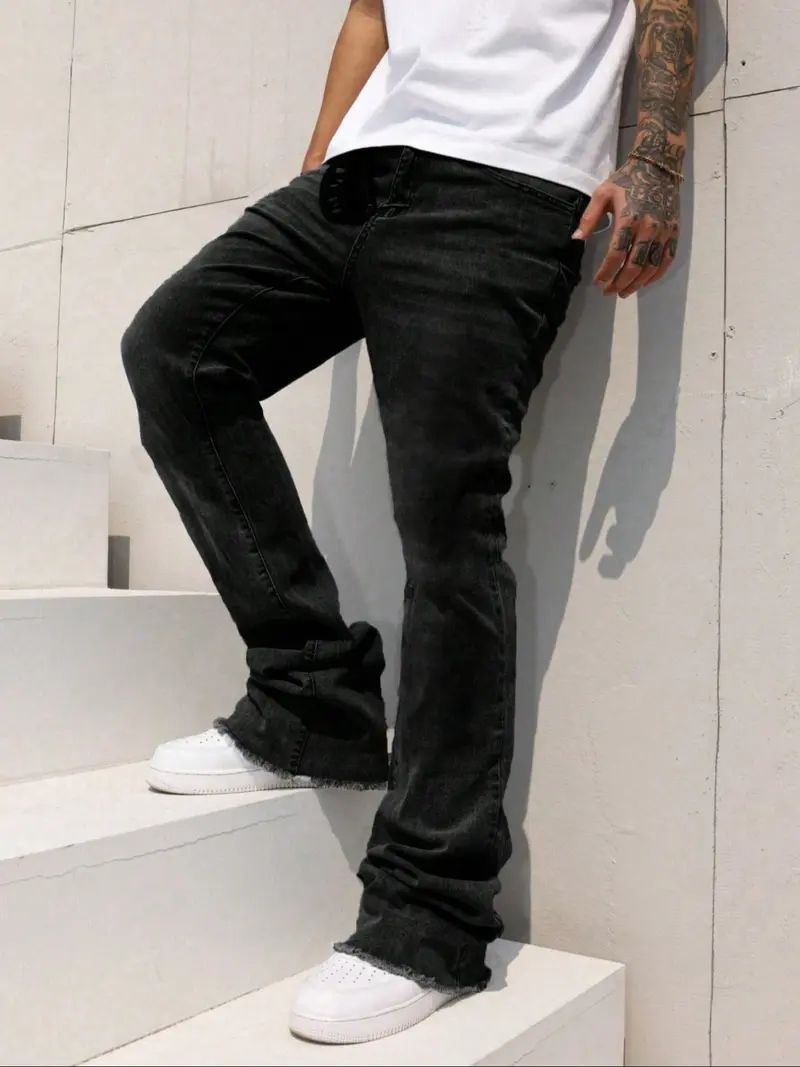 Elastic Fitted Jeans Pants, Casual Street Fashion, Washed Denim Slant Pockets, Cotton Micro Flare Long Pants, All Seasons