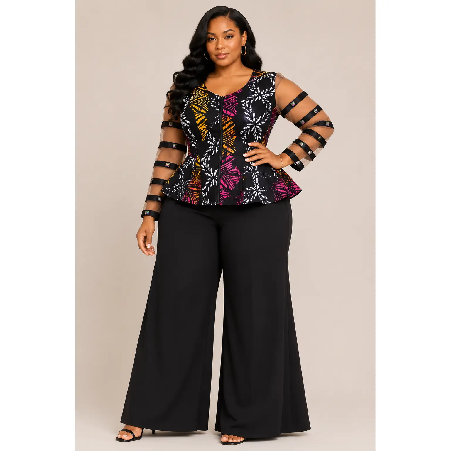 Afro Modern Peplum Top Plus Size African Print Sheer Sleeve Blouse Zip Front Gemstone Detail Occasion Top Women Gala Dinner Wedding Guest Top