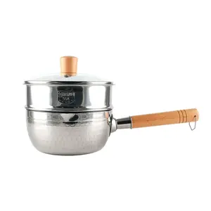 【Christmas 50% of f 】 Milk pot stainless steel Yukihira pot with steamer and lid, stainless steel snow flat pot wooden handle suitable for instant noodles, milk, baby food, durable and easy to clean noodle pot, 18cm, 20cm