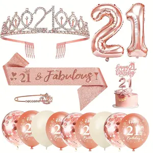 21st Birthday Decorations For Women, Including Birthday Sash, Rose Golden Rhinestone Crown Tiara, Happy 21st Birthday Cake Topper, Rose Golden Beige Balloons Set, Brooch, 21st Party Decorations Gifts Rubber Champagne scene accessories