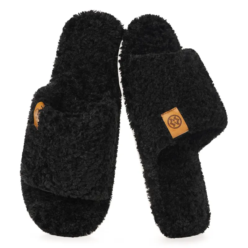 Intini Men's Cozy Fuzzy Fur Slides - Open-Toe Slip-On House Slippers with Soft Memory Foam, Non-Slip TPR Sole, Grip on Tile-Hardwood Floors, Gifts for Him Dad Gifts