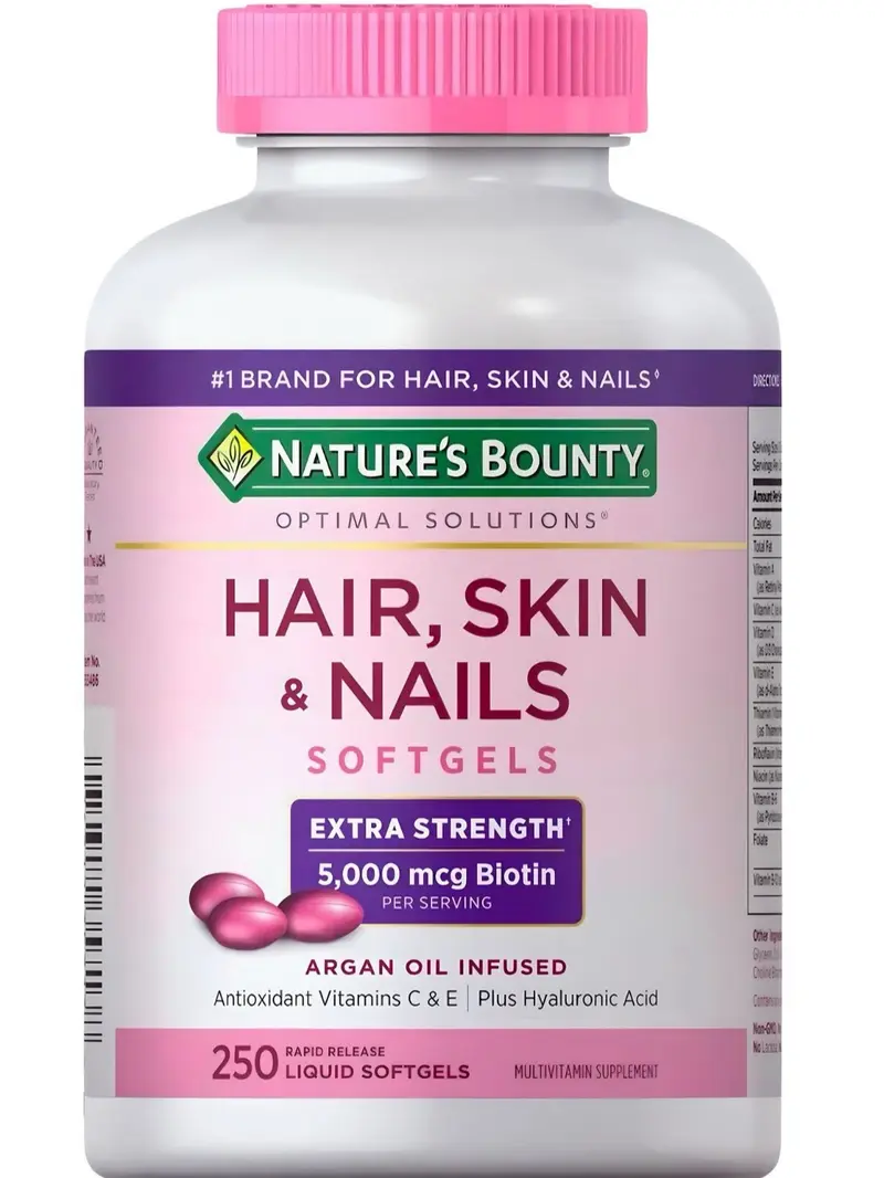 "Glow naturally with Nature's Bounty Hair, Skin & Nails – 5,000 mcg Biotin in 250 softgels for radiant beauty!"