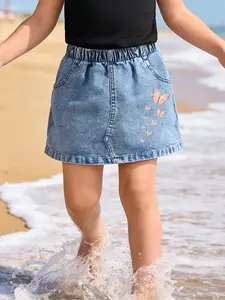 Girls' A-Line Denim Skirt with Butterfly Pattern, Light Blue Jean Fabric, Slim-Fitting Knee Length, Casual All Seasons Wear