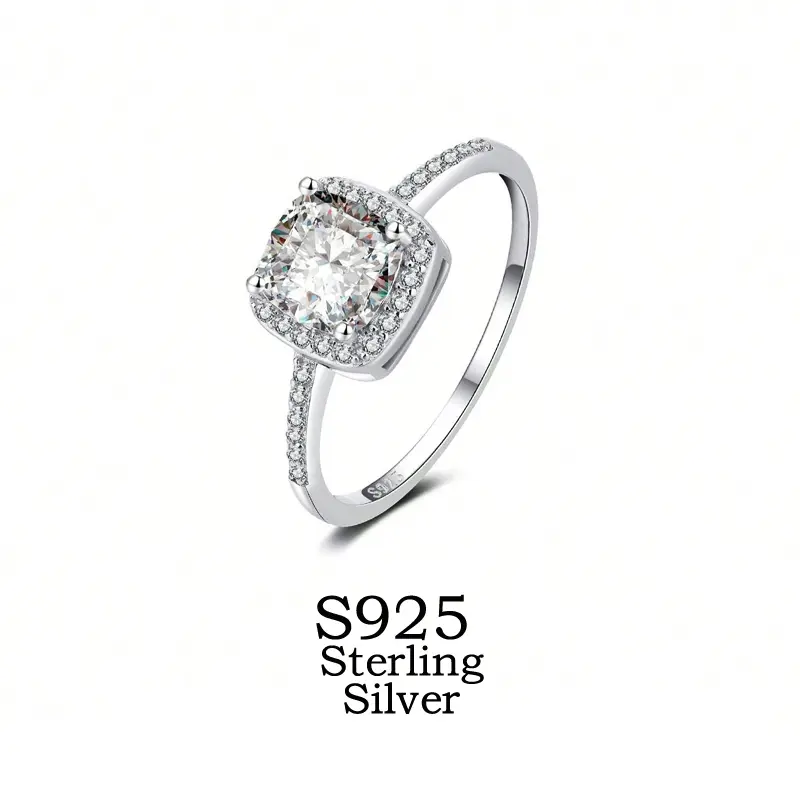 Modern Square Halo Ring in S925 Sterling Silver, Rhodium Plated Cubic Zirconia Jewelry for Women, Anniversary Gift, Geometric Design Ring, Rings
