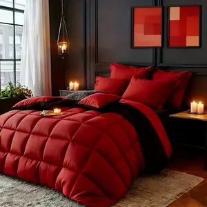 2/3pcs Red/Black Comforter Set TWIN, Queen, King Size- Comfortable All Season Comforter Set, Includes 1 Comforter, 1 Or 2 Pillowcases, Box Stitch Quilt Hotel Quality Machine Washable Comforter