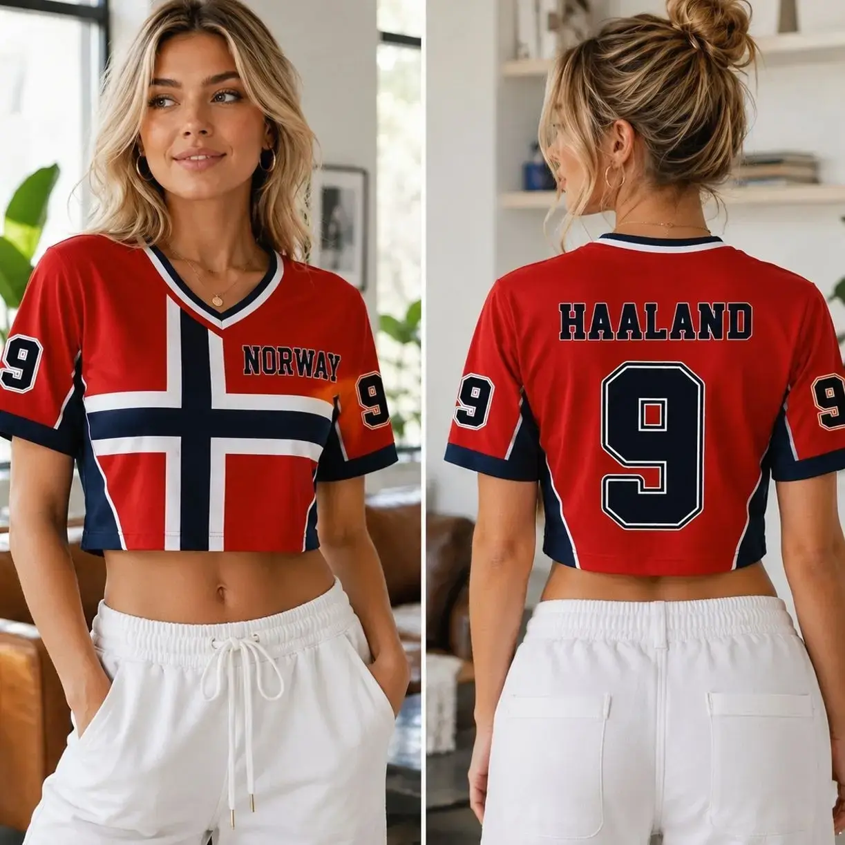 Personalized Norway Soccer Crop Jersey, Custom Back Name Number Norge Fan Shirt for Women