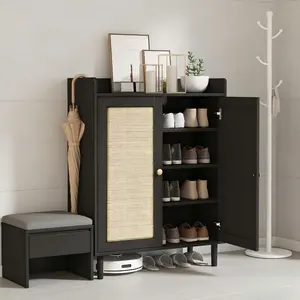 Rattan Door Shoe Cabinet 4-Tier Shoe Organizer Cabinet with Adjustable Shelves Wooden Hidden Shoe Holder Freestanding Narrow Shoe Rack for Entryway Hallway