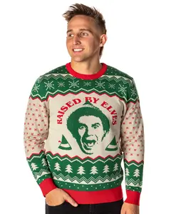 ELF The Movie Men's Raised By Elves Ugly Sweater for Christmas Knit Pullover