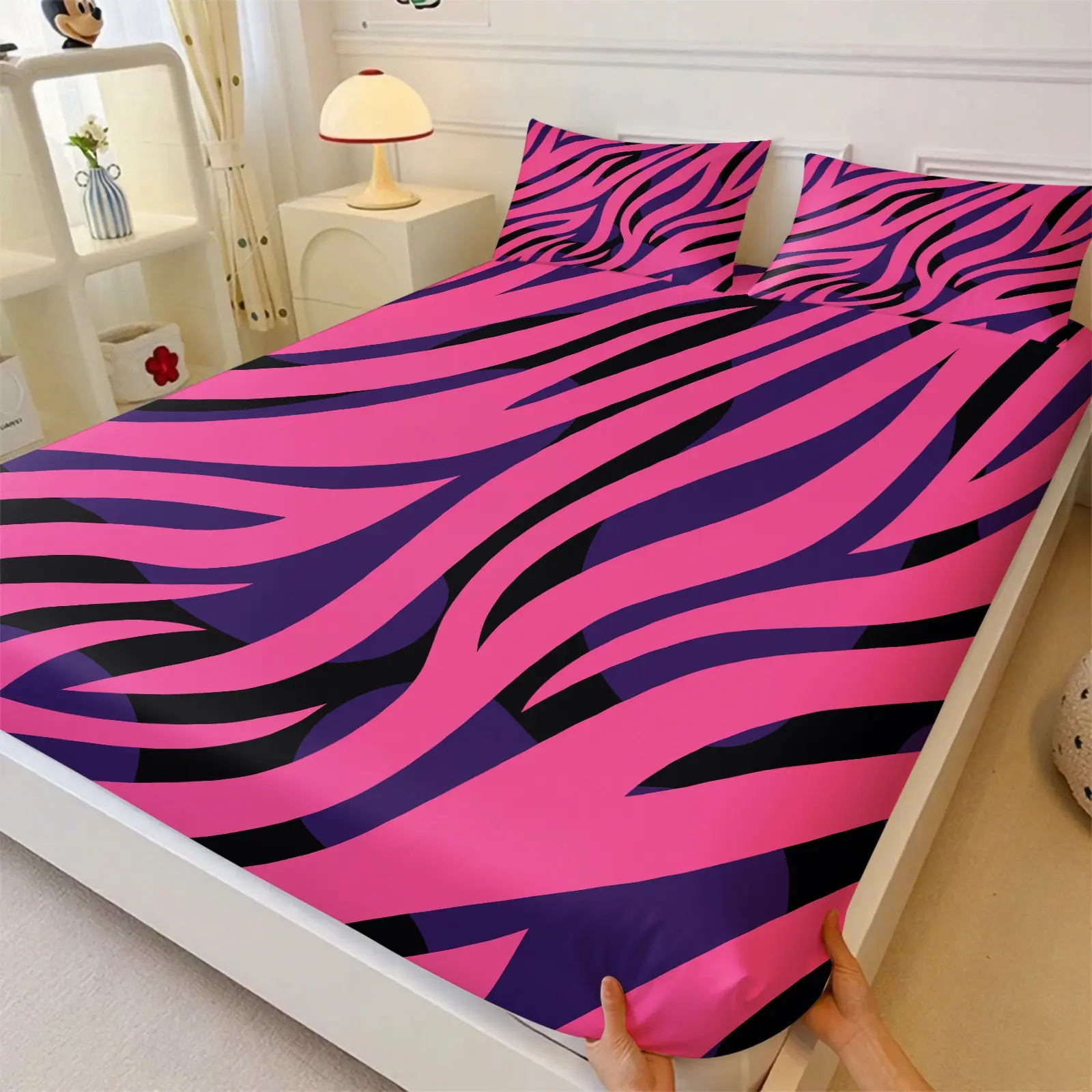 Vibrant Pink Purple Zebra Stripe Fitted Sheet Set, Include One Bedspread and Two Pillowcases, Modern Abstract Animal Print Bed Sheet with Elastic Corners, Soft&Breathable Mattress Cover, All-Season Bedding Decor
