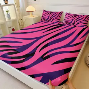 Vibrant Pink Purple Zebra Stripe Fitted Sheet Set, Include One Bedspread and Two Pillowcases, Modern Abstract Animal Print Bed Sheet with Elastic Corners, Soft&Breathable Mattress Cover, All-Season Bedding Decor