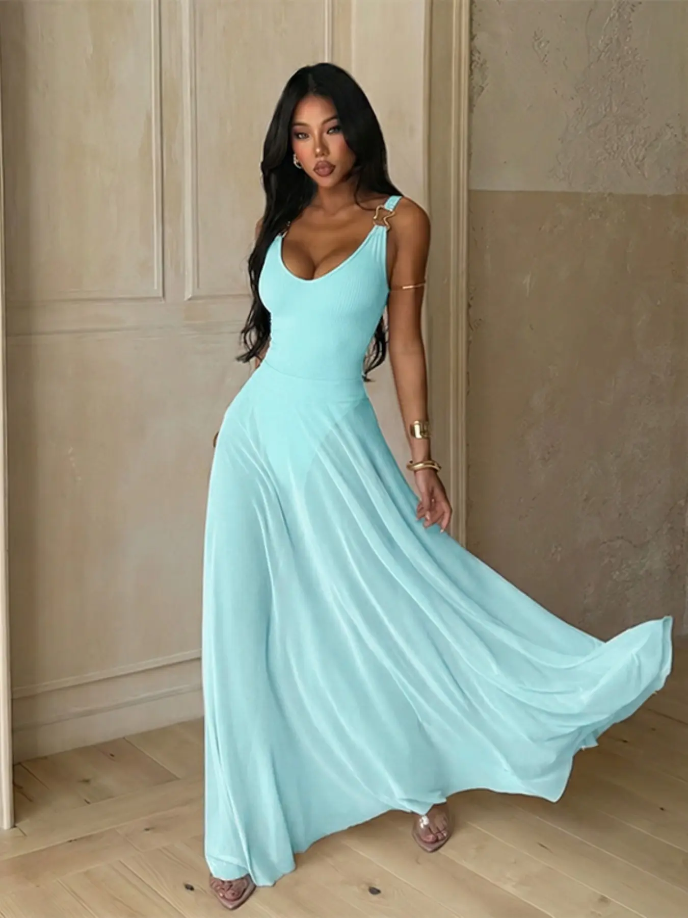 Women's Plain Minimalist Deep V Neck Tulle Sheer Cami Lightweight Fit Dress, Elegant Chic Sleeveless Maxi Prom Wedding Dress for Evening Party Holiday Wedding Guest Formal Wear, Ladies Summer Clothes, Brunch Dresses - Women's Plain Minimalist Deep V Neck Tulle Sheer Cami Lightweight Fit Dress, Elegant Chic Sleeveless Maxi Prom Wedding Dress for Evening Party Holiday Wedding Guest Formal Wear, Ladies Summer Clothes, Brunch Dresses -