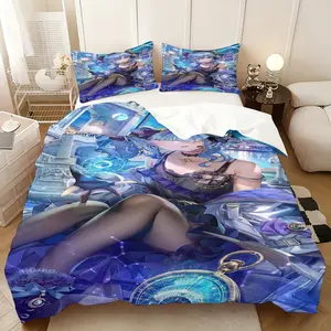 3-piece Hoshimachi Suisei themed bedding set. Stylish, trendy, unique, lightweight and soft. Includes 1 duvet cover and 2 pillowcases, comforter not included. Perfect for bedroom, home and dorm decor, suitable for all seasons.