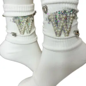 Pearl W Glitter Initial Socks 6-10 crew