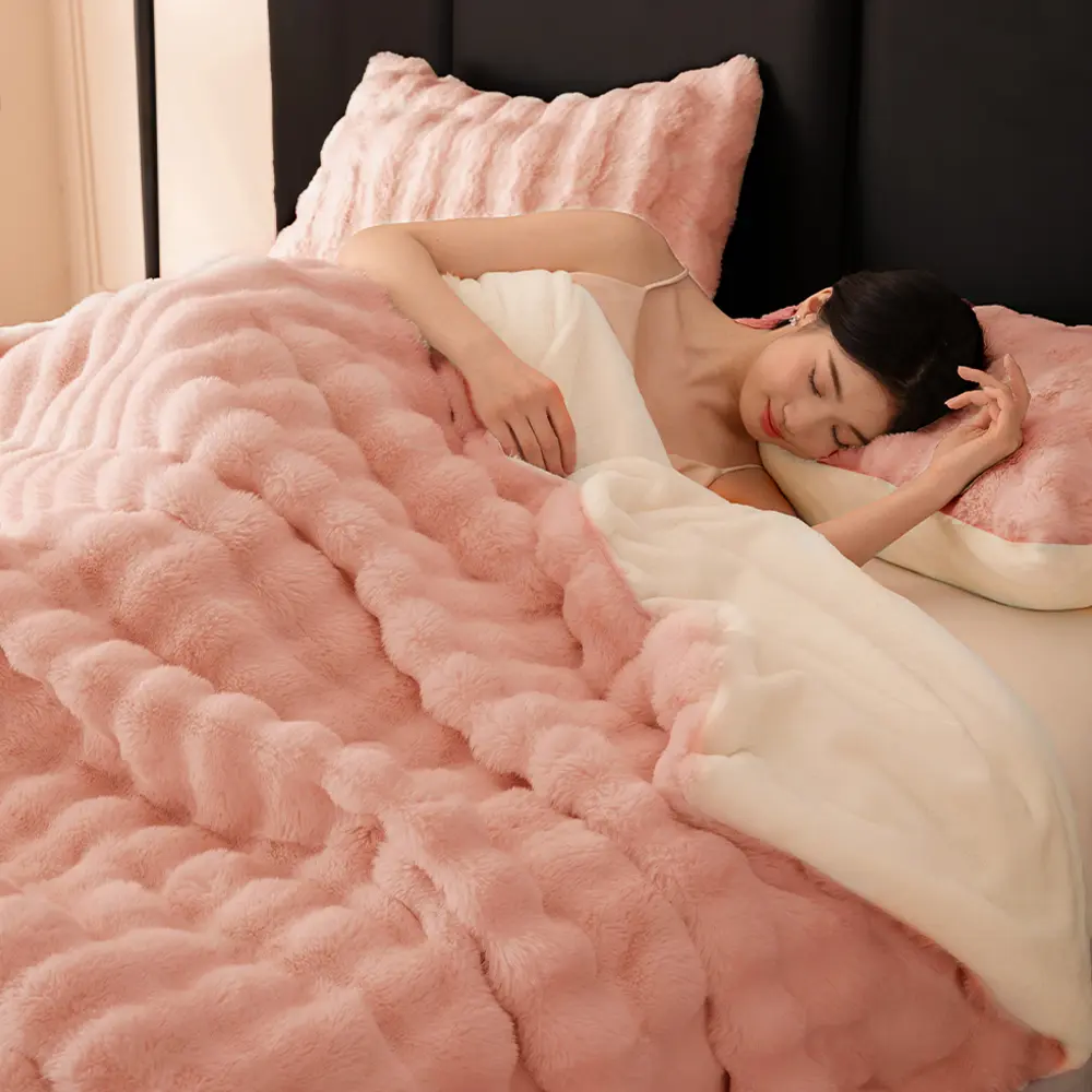 Extra Soft Thick Double-Sided Bed Blanket - 3D Faux Bunny Fur Front, Luxurious Fleece Backing, All-Season Fluffy 3D Effect Adorable Style Bunny Blankets for Home, Ideal Gift with Multiple Color Options