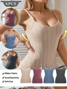 4 Pack Ribbed V Neck Cami Tops for Women, Tummy Control Shaping Tank Tops with Soft Pads