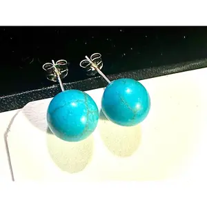Round Cut Turquoise Stud Earrings for Women Sterling Silver Plated 8MM
