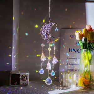 Natural Crystal Chip Moon Wind Chime Craft Decoration DIY Home Decor Items Sunlight Pendant Amethyst Sun Catcher Hanging Ornaments Starry Sky Pattern House Decor