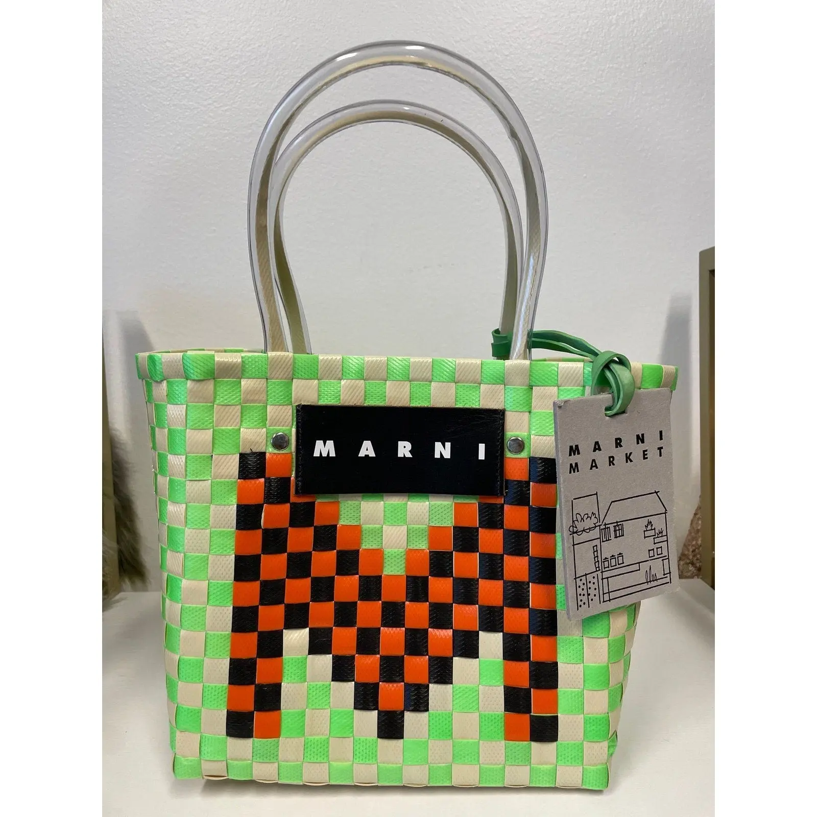Marni Woven Plastic Tote Bag Green Checker Statement Mini