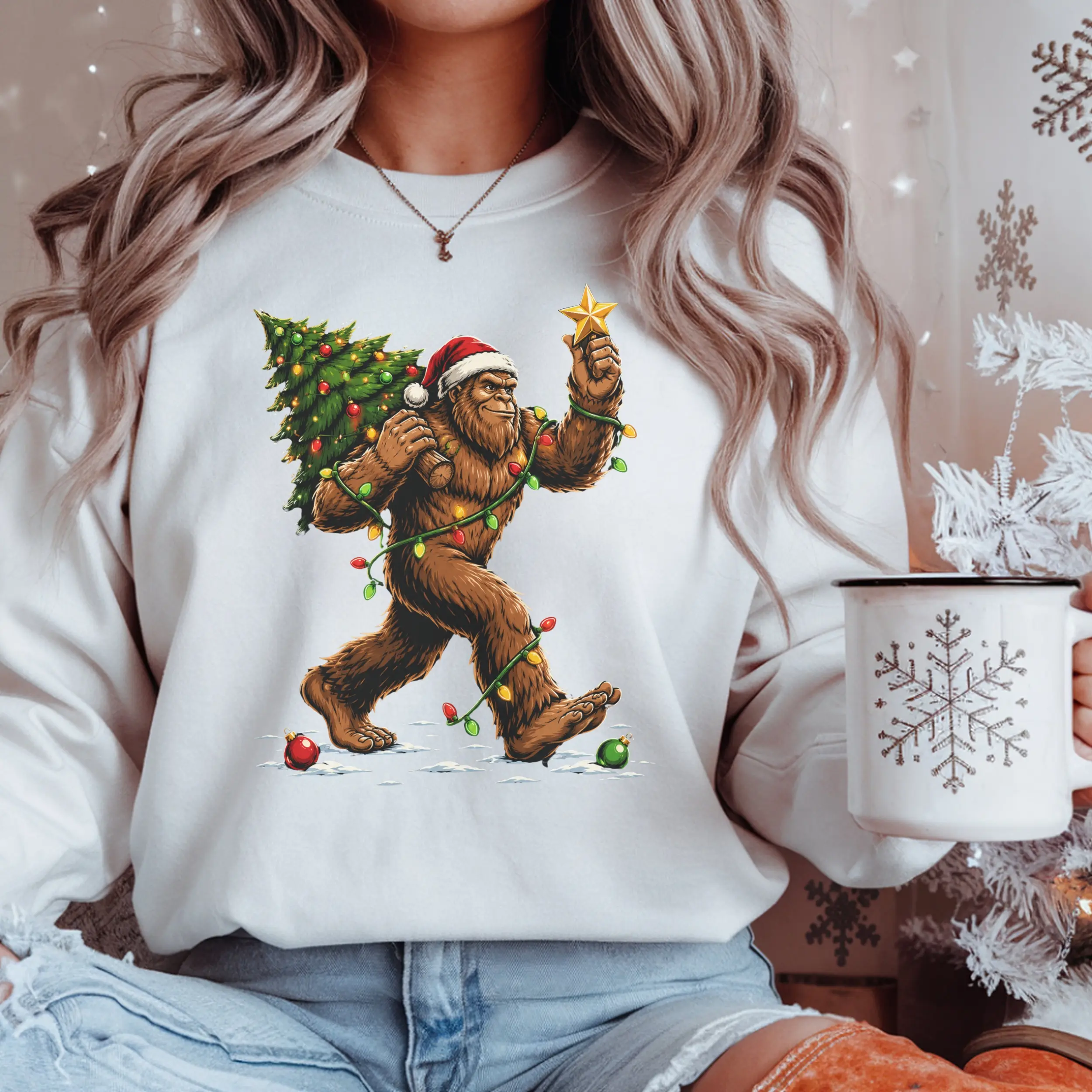 Sasquatch Carrying Christmas Tree Sweatshirt | Holiday Bigfoot Design