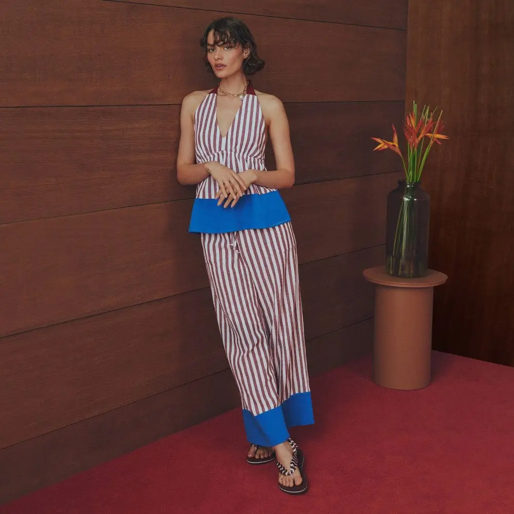 Women's Striped Drawstring Wide Leg Pants - Rosie Assoulin Burgundy/Blue XS