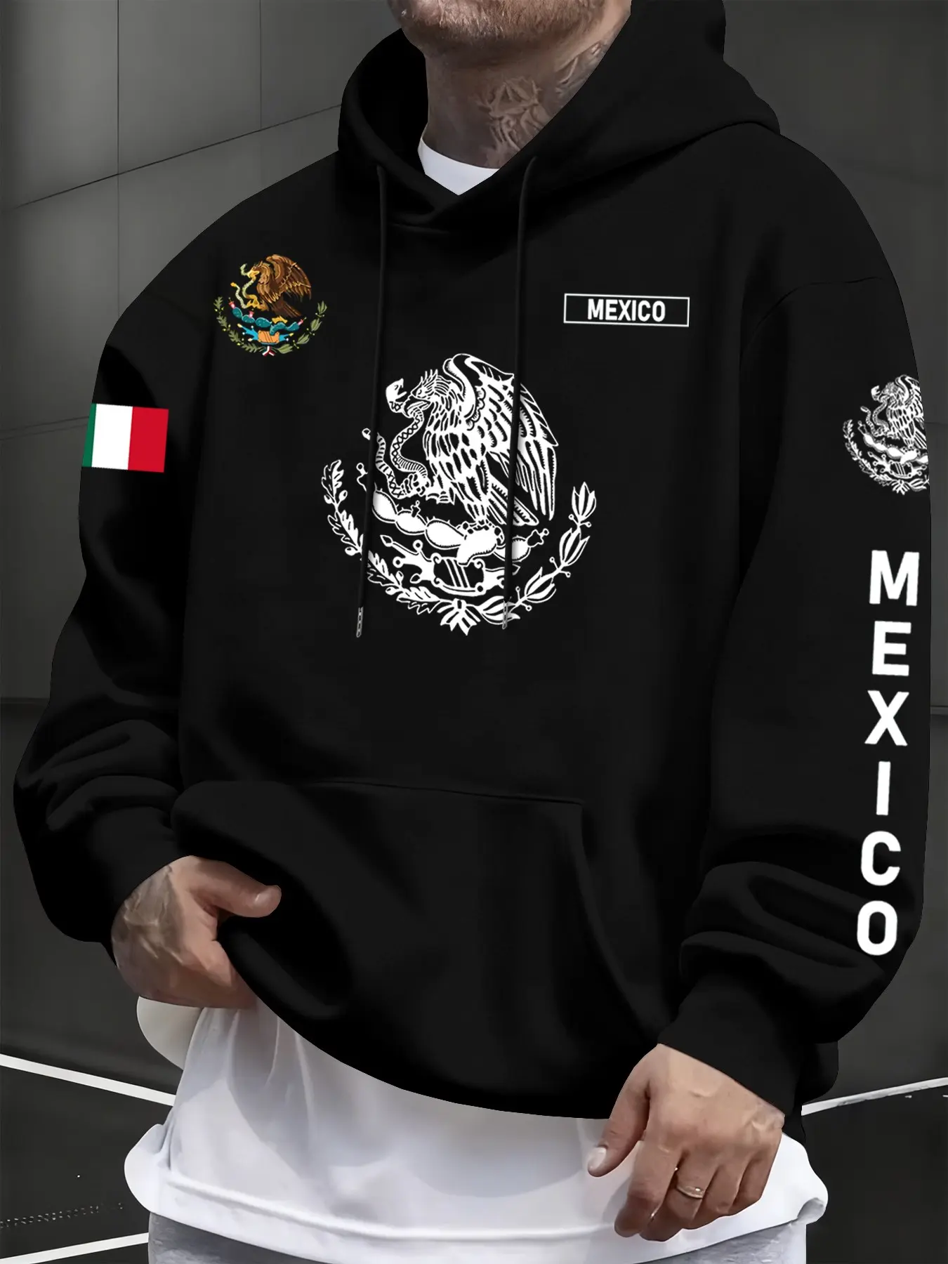 Men's Casual Fleece Hoodie, Mexican Theme Letter Flag Print Design, Warm Drawstring Pocket Sweatshirt, Fall & Winter Fashion