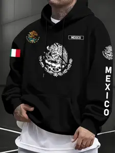 Men's Casual Fleece Hoodie, Mexican Theme Letter Flag Print Design, Warm Drawstring Pocket Sweatshirt, Fall & Winter Fashion