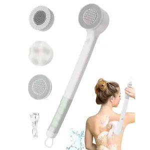 Electric Body Brush, Rechargeable Silicone Scrubber, IPX7 Waterproof Back Brush with Long Handle, and 3 Spin Brush Heads Suitable for Both Men and Women