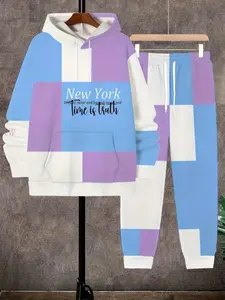 Men's Fashion Hoodie & Sweatpants Set, Colorblock Patchwork Geometric Letter Prints, Sporty Style, Fall Winter Wear