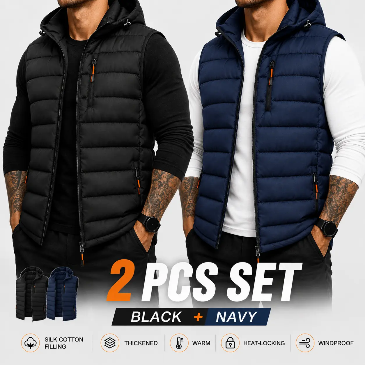 2-pack for autumn/winter: divided seam viscose cardigan and hooded vest—windproof, thickened, warm, temperature-locking, handles extreme cold; suitable for everyday wear, sports, casual outings, and going out.
