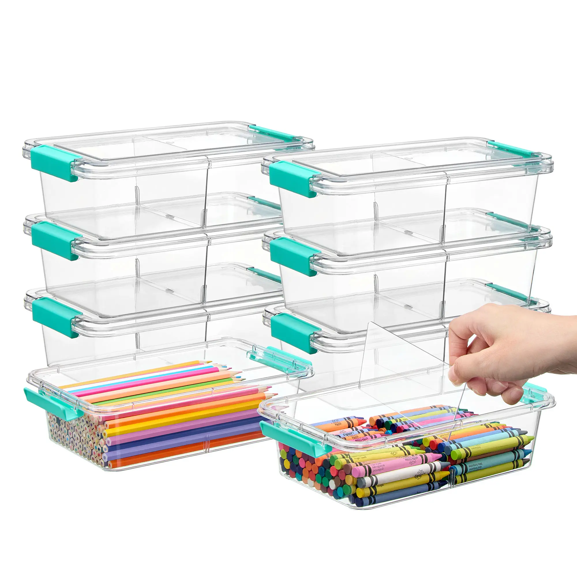 【New Arrival】Vtopmart 8 Pack 1.5 Qt Clear Pencil Box with Removable Divider, Plastic Pencil Case Crayon Box, Stackable Storage Containers with Lid for Pen, Art Craft, Back to School Teacher Supplies