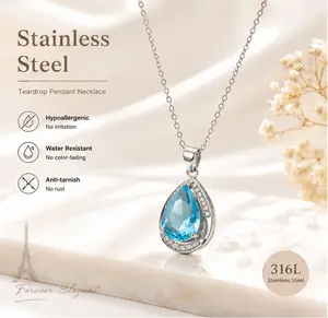 Hypoallergenic 316L Stainless Steel Teardrop Necklace for Women - Dainty Blue Crystal CZ Pendant Jewelry - Water Resistant & Anti-Tarnish Everyday Gift for Mom, Wife, Birthday
