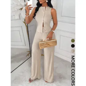 Elegant women’s business-style two-piece set featuring a sleeveless top and straight-leg pants—ideal for summer commuting. New product from GARMENTARY.