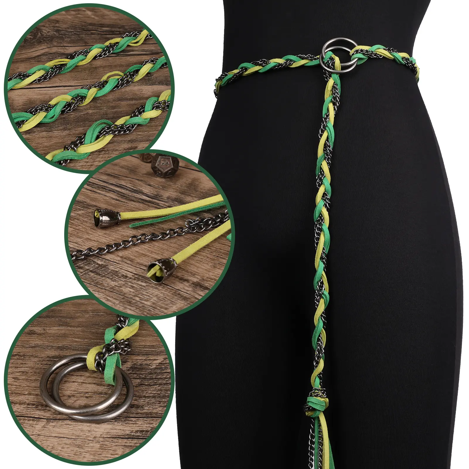 HiiFeuer Medieval Braided Chain Belt, Faux Leather Woven Waist Rope with Metal Rings, Viking Renaissance Accessory