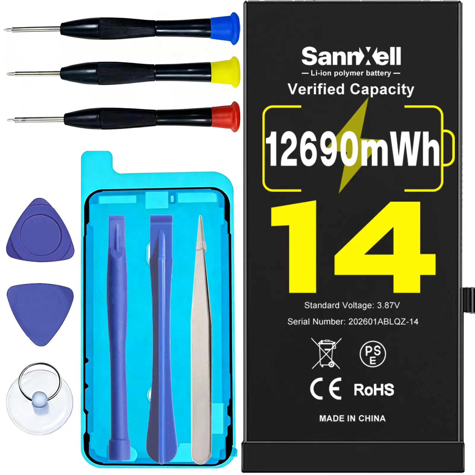 SannXell Upgraded High-Capacity Aluminium Cellphone Battery for iPhone 14 Replacement (A2649 A2881 A2882 A2883 A2884 Models), 12690mWh 0-Cycle Li-ion Mobile Batteries with Full Repair Tool Kit