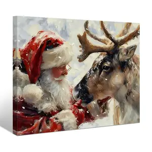 WiHoo Santa Claus Framed Vintage Christmas Canvas Wall Art Print, Rustic Winter Painting Christmas Pictures Wall Decor Christmas Gifts for Home Living Room Bedroom Decor Made in USA