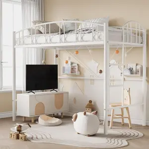 Loft Bed Twin Size, Heavy Duty Metal Loft Bed Frame with Arched Guardrail and Safety Ladder, Space-Saving, No Box Spring Needed, White